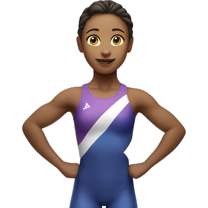 a female gymnast introducing the first place podium, full body, two arms pointing to the center place emoji