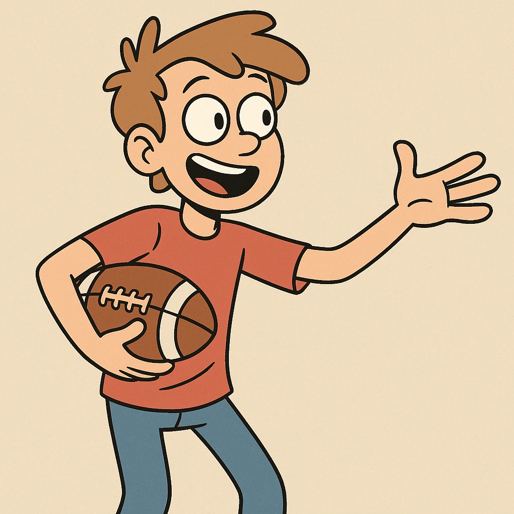 a boy gesturing to a friend with a football in hand, energetic, flat toon style emoji