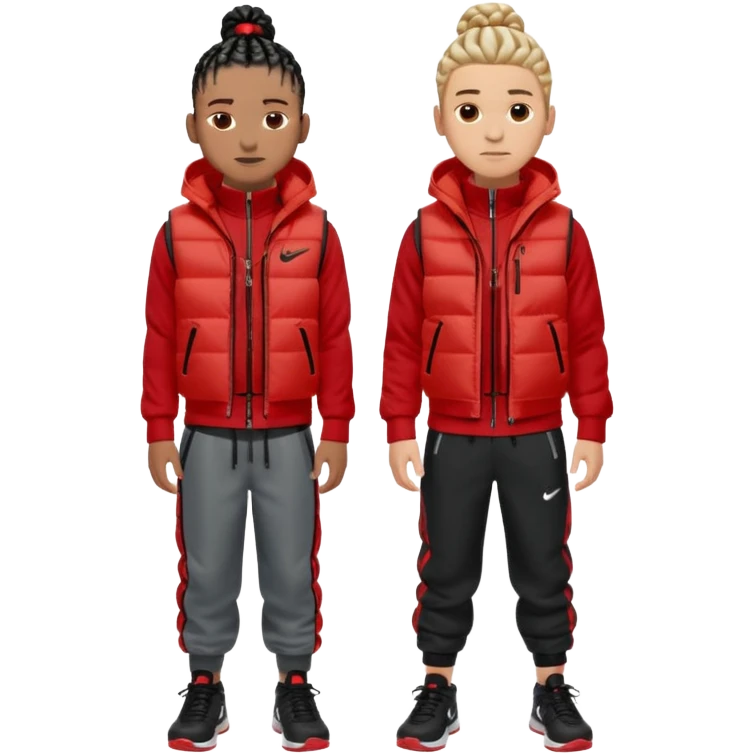 2 boys one wearing red nike tech with a black puffer vest and posing with black shoes and other with cornrows and a grey hoodie with black pants tan emoji