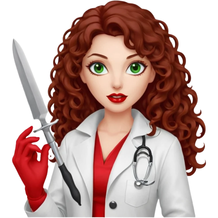Lilith symbol seductress evil woman. She has green eyes.  had brown long curly hair.  evil surgeon kills with scalpel wears red sexy doctor coat with red mouth cover red gloves emoji