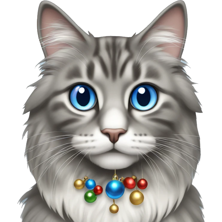Grey Norwegian forest cat with blue eyes with  jingle bells on his collar emoji