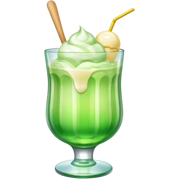Create an emoji with a clear rounded glass, bright transparent green soda, vanilla ice cream scoop
 emoji
