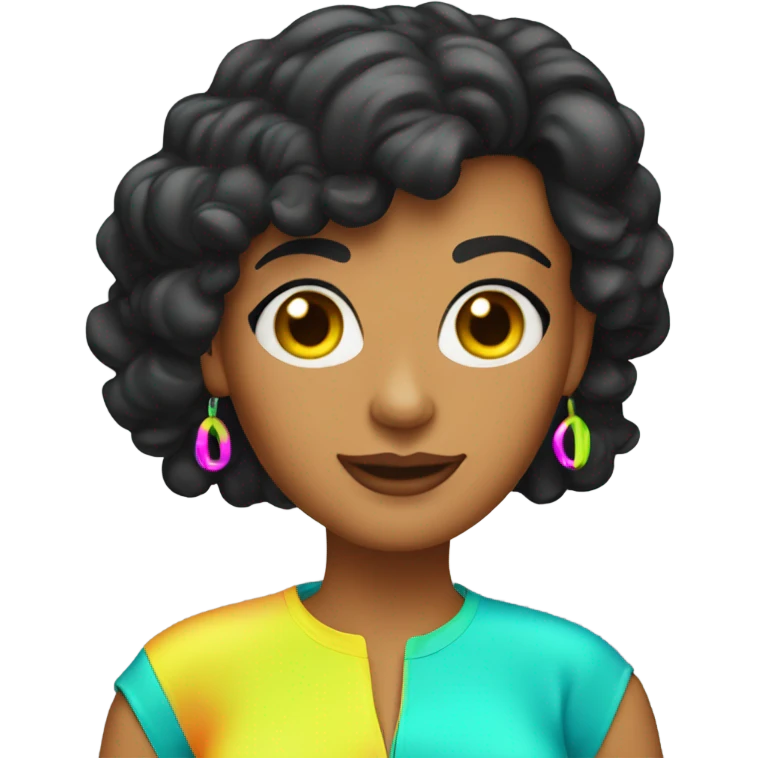 Tanned woman with black hair wearing 1980s style neon outfit and hair emoji