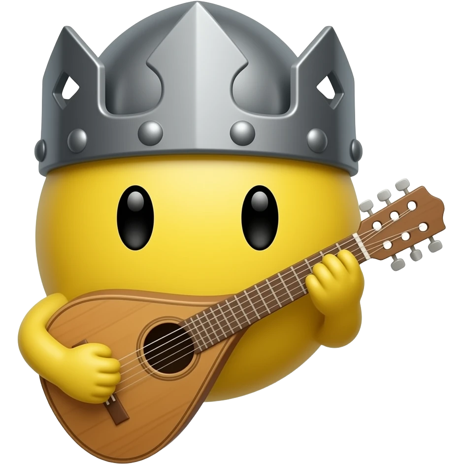verry round yellow face emoji with a "medieval bard hat" and a "medieval bard instrument", "no arms nor hands" emoji