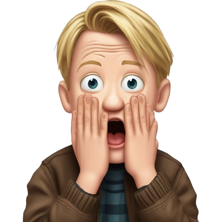 macaulay culkin from Home Alone, putting both hands on his face and screaming of fear. bring the hands down lik he is putting on his cheeks. emoji