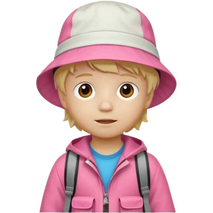 A little boy student white skin, blonde hair, with white bucket hat, orange jacket, pink backpack emoji