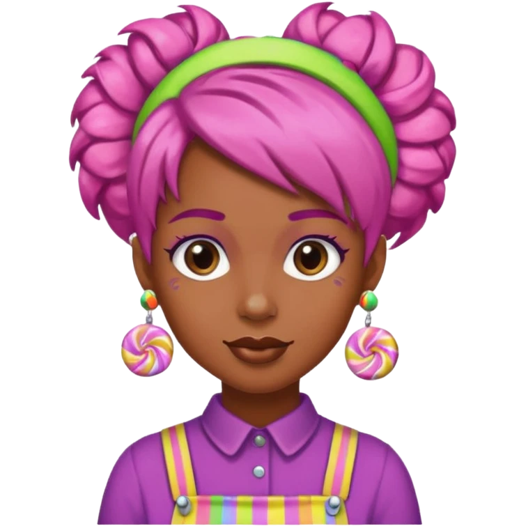 candy shop vendor, looking like candy with candy earrings and candy hair emoji