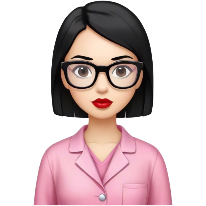Mujer con cabello largo color negro lacio los ojos son de color negro y tiene lentes cuadrados color negros los labios son color rojo fuerte usa pijama de veterinaria color rosado  emoji