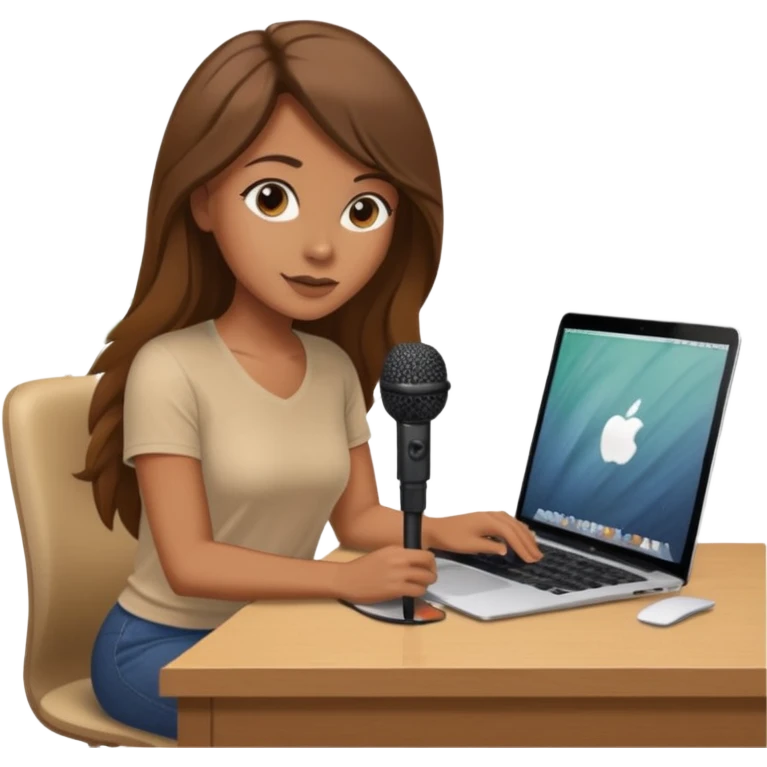 tanned brown long hair woman, sat at desk with MacBook, podcast microphone bleige top and vine color, sexy, glass table emoji