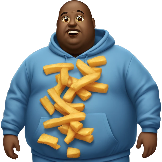 fat man in dirty blue sweatsuit with chili cheese fries in his mouth emoji