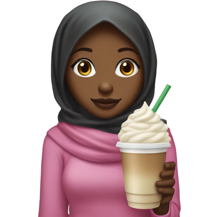 Black girl wearing a pink hijab with a vanilla bean Frappuccino in her hand emoji