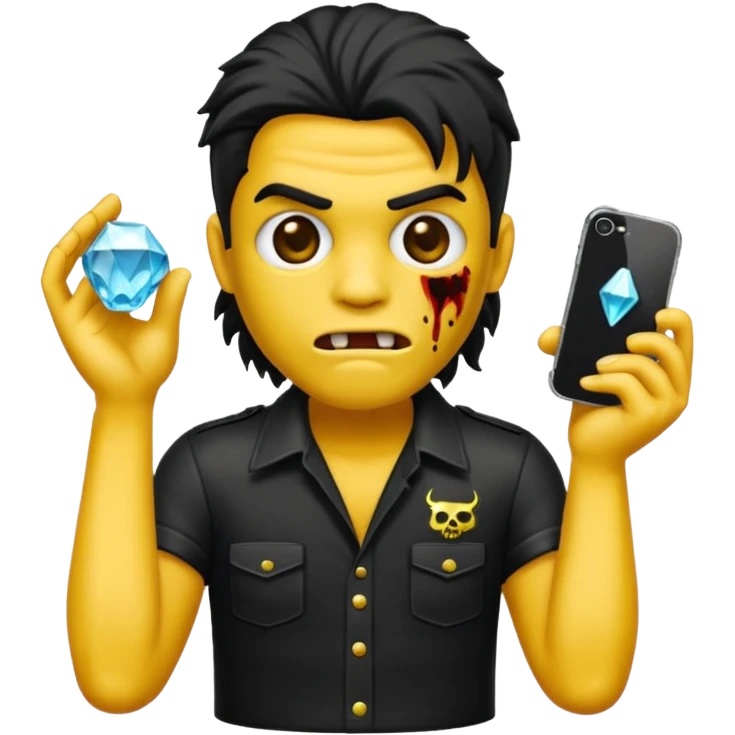 Emoji masculino de zumbi estilo iPhone,com cabelo ondulado mullet e preto, camisa preta e brincos de diamante  emoji