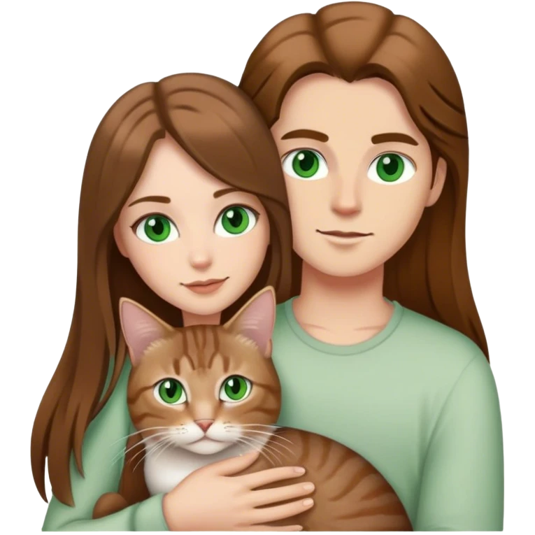 white couple with brown hair, woman has long hair and green eyes .they’re holding a tabby cat  emoji