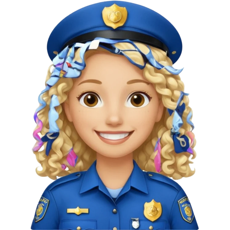 Female POLICE IN blue, long blonde curly hair, happy smile emoji