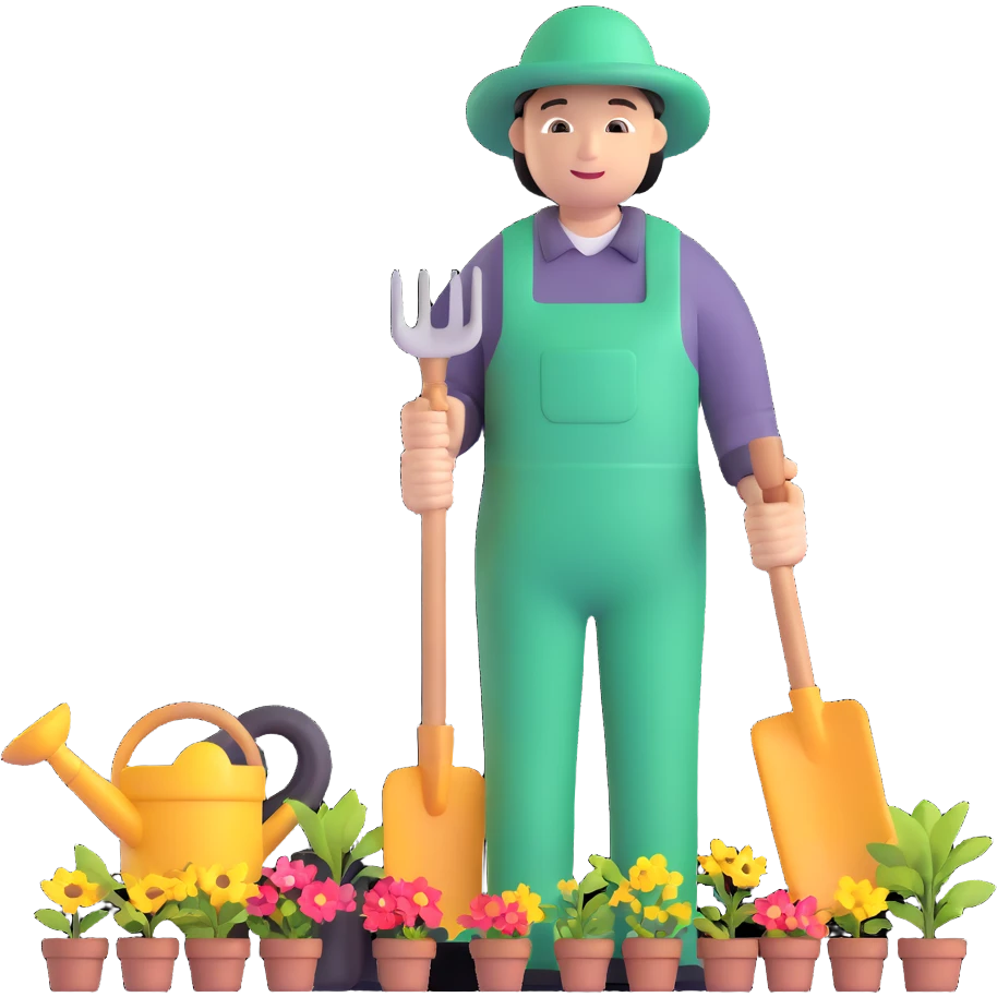 Asian gardener named Yong with gardening tools emoji