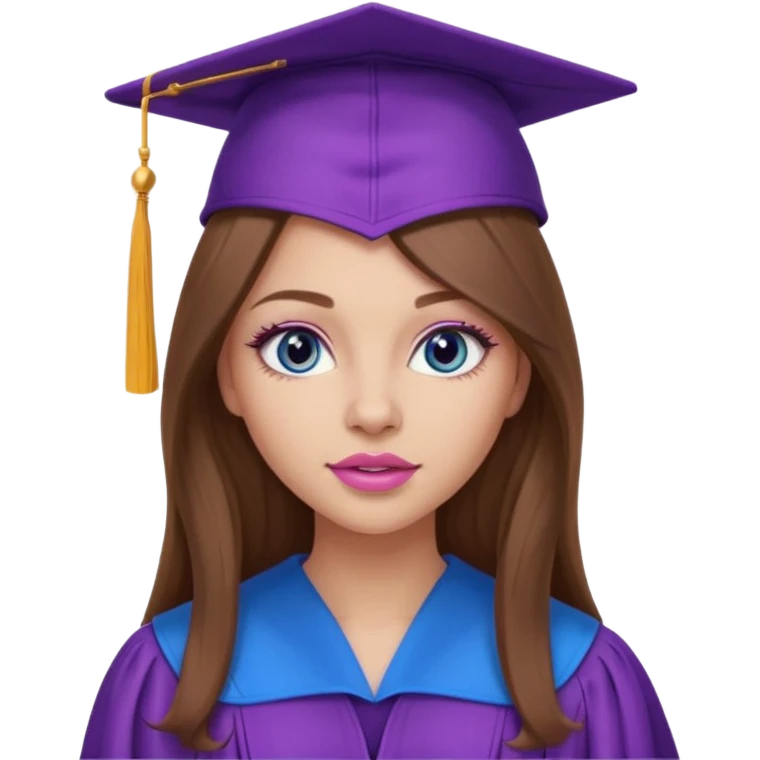 girl with gorgeous long brown hair, blue eyes, long lashes makeup, sexy pink lips, wearing a purple graduation cap and gown emoji
