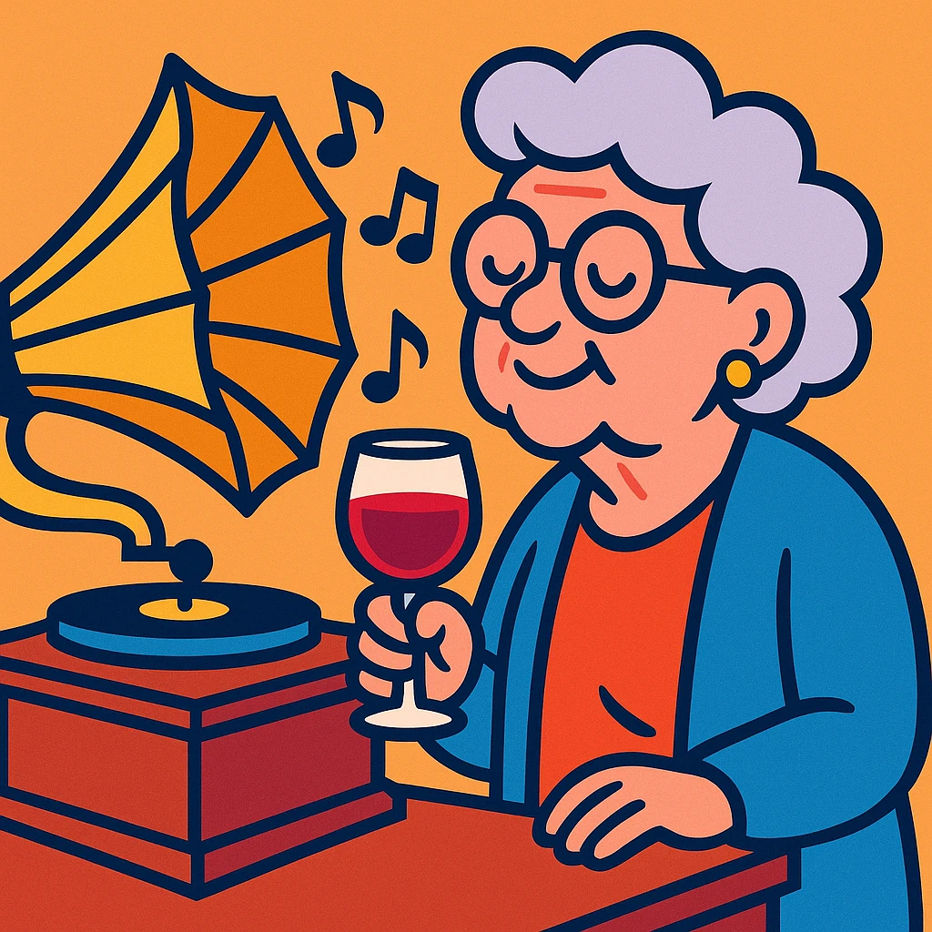old lady with wineglass listening to gramophone emoji