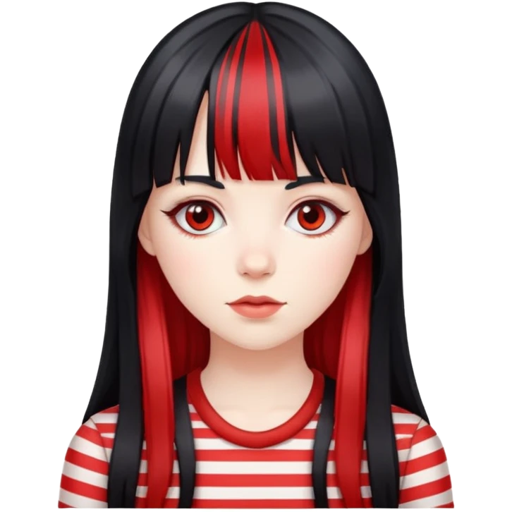 Pale girl, long black hair with red striped hair and bangs emoji