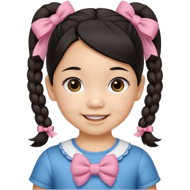 mixed toddler girl asian and american with bow pigtails, dark brown/black hair with big brown eyes emoji emoji