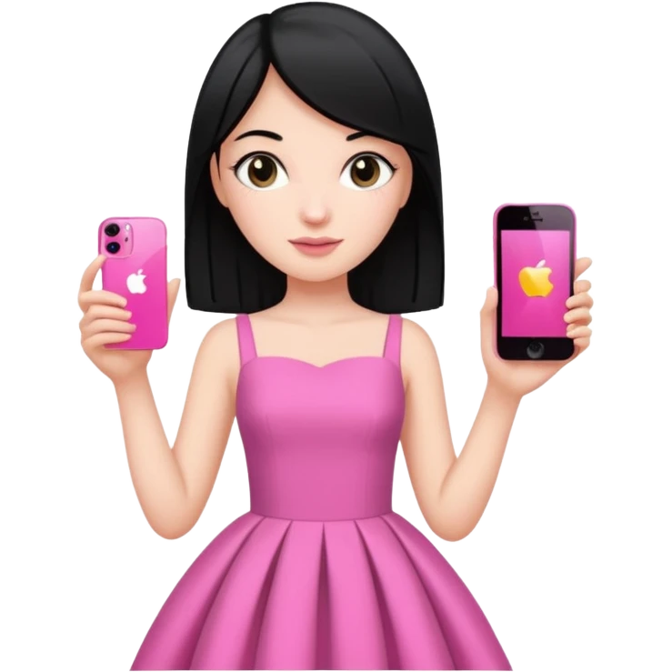 chica blanca con pelo negro liso sosteniendo con una sola mano un celula iphone 13 rosa, con vestimenta d salir de fiesta emoji