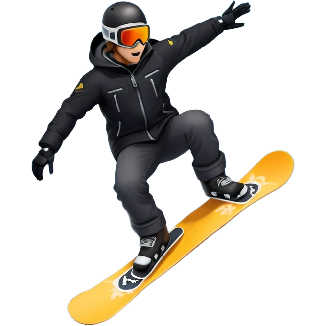 An icon showing a snowboarder performing an exciting jump on a snow-covered slope. The background features towering mountains, snow-covered trees, and a bright, clear sky. Transparent background highlights the speed, agility, and thrill of snowboarding. emoji