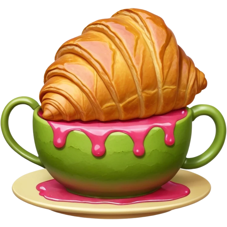 A giant croissant with a closed matcha mug with a strawberry syrup base emoji