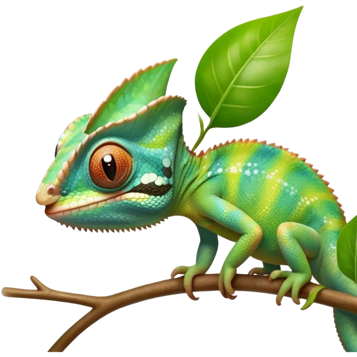 cinematic cute-smiling baby chameleon-realistic emoji,-blending-with-vibrant-greenery.-detailed-scales-in-shifting-colors,-showing-the-chameleon’s-ability-to-camouflage.-soft-natural-light-highlights-its-texture.-light-background, zoomed into its face emoji