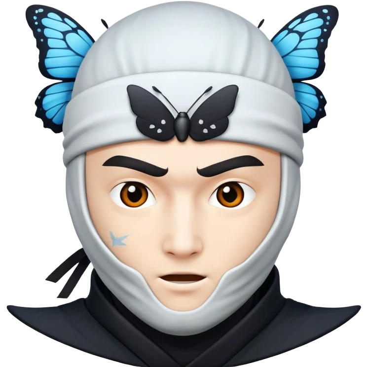 Crea una imagen con estos dos emoji 🥷🏻🦋
él ninja blanco con la mariposa posada en cabeza como si estuviera volando.

 emoji