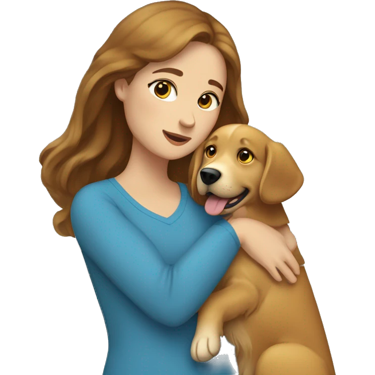 Woman with brown hair and blue eyes hugs golden retriever  emoji