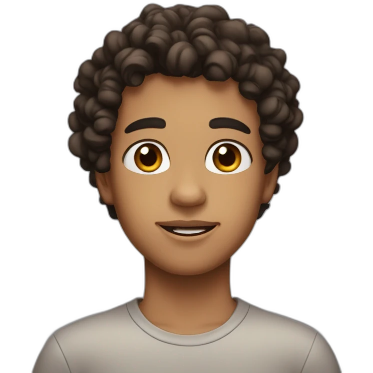 a boy with curly mid long hair, brown eyes, big lips, beautiful eyebrows with a black sweat emoji