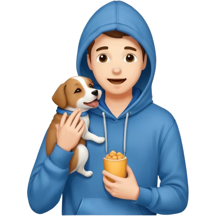 Cute dog lover boyfriend with soft smile, wearing hoodie and jeans, one dog licking his face emoji