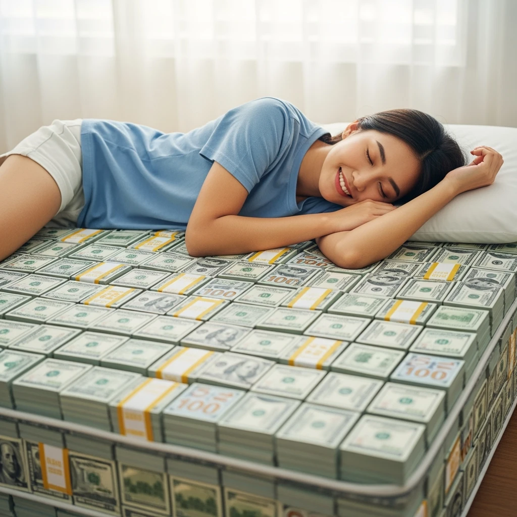 happy person napping on mattress of money emoji