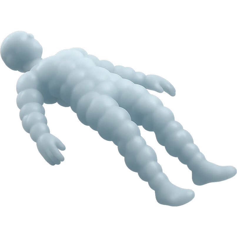 side view of unconscious person flying torso up, legs and arms down, made of small very bright white fluffy convex clouds, matte glass style emoji