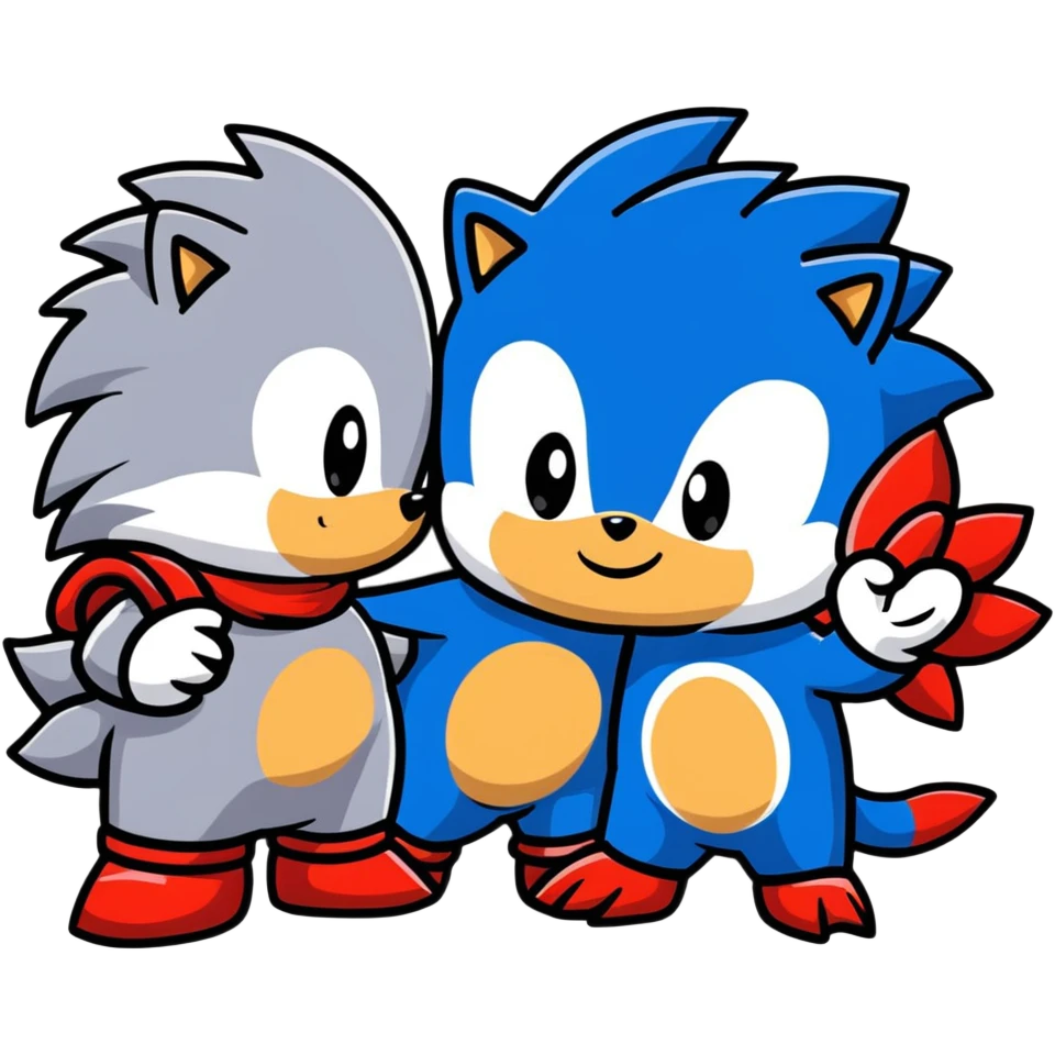 Sonic the blue hedgehog, Shadow the black and red hedgehog, and baby Silver the white hedgehog holding hands together in a line emoji