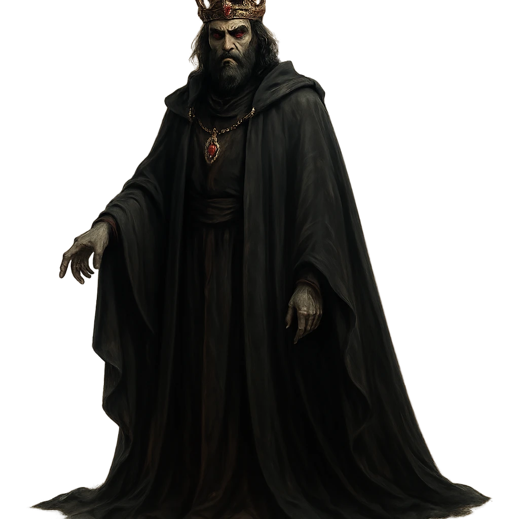 prince of darkness, regal yet sinister, wearing a crown and flowing dark robes, fully depicted emoji