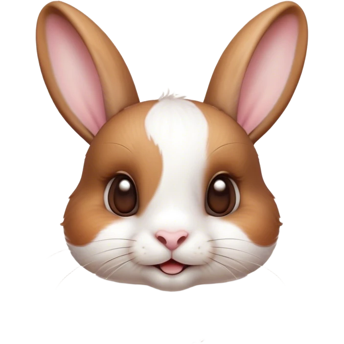 Cinematic Cute White and Brown Rabbit Portrait Emoji, Head tilted playfully and inquisitively, featuring a silky fur with a delicate mix of white and brown patches, round, sparkling eyes filled with curiosity, Simplified yet irresistibly adorable features, highly detailed, glowing with a warm, friendly glow, high shine, affectionate and lively, stylized with a touch of whimsy, bright and endearing, soft glowing outline, capturing the essence of a mischievous yet loving bunny, so playful it feels like it could hop out of the screen and into your arms! emoji