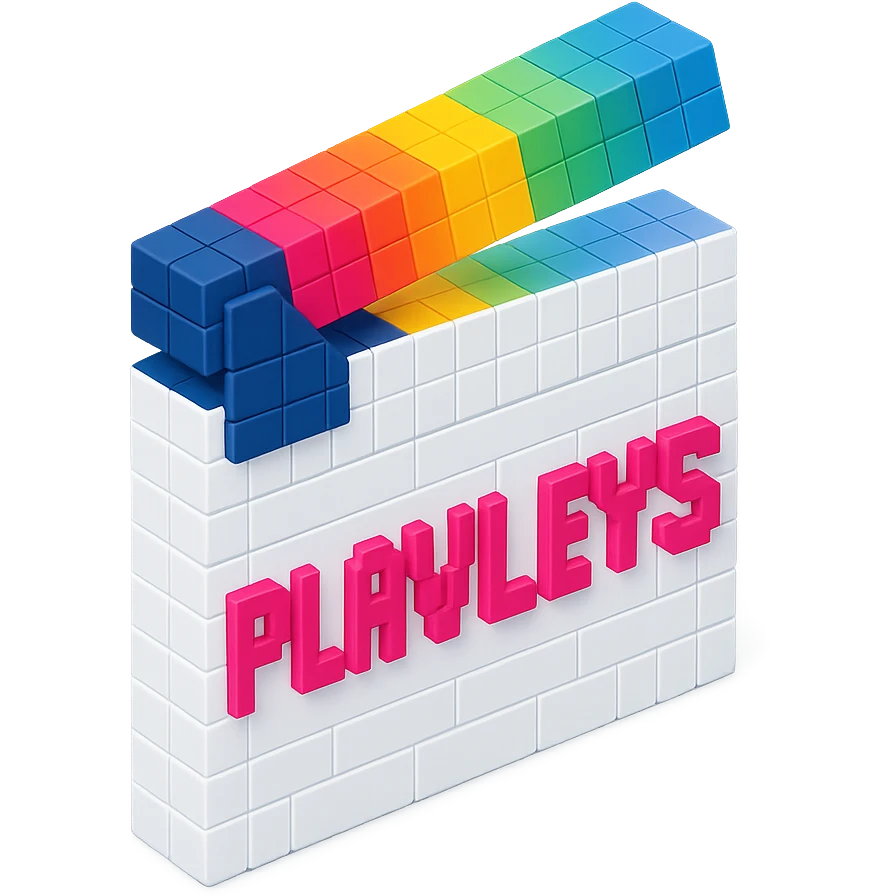 voxel style movie clapperboard, white body, colorful lid, pink text 'PLAVLEYS', isometric view emoji