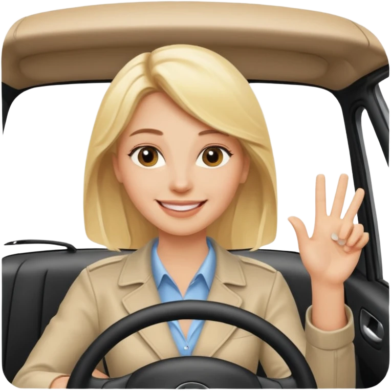 blonde woman driving car. one hand up Happy face confidence emoji