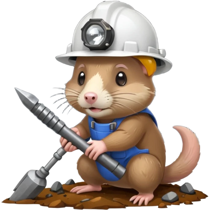 a mole rat with ore drill bit, white helmet, headlamp emoji