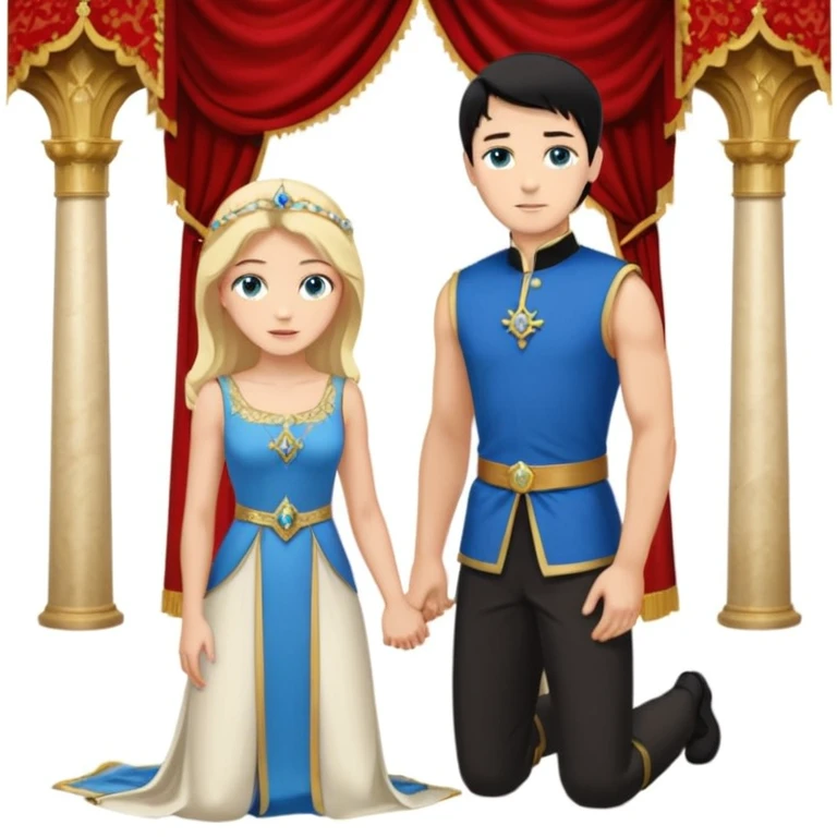 Man as king, black Hair, blue eyes, woman, blonde, green eyes, shott white sleveless Dress, kneeling, background palace emoji