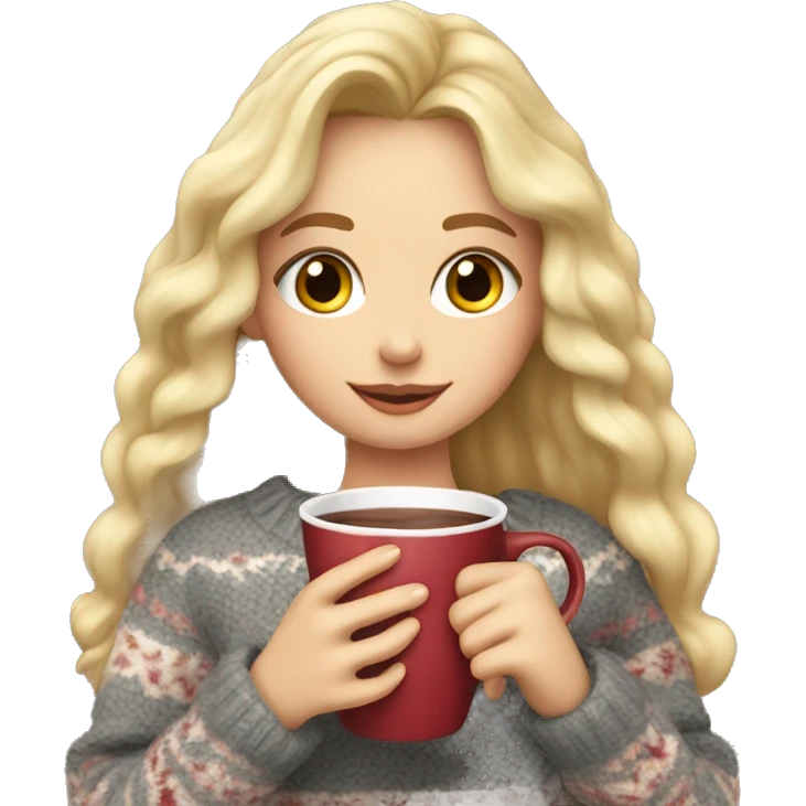 A blond girl with a Christinas sweater drinking hot chochlate  emoji