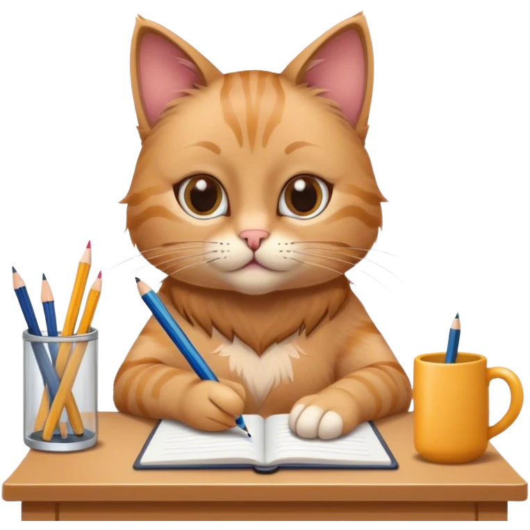 Cat with eyelashes doing homework emoji