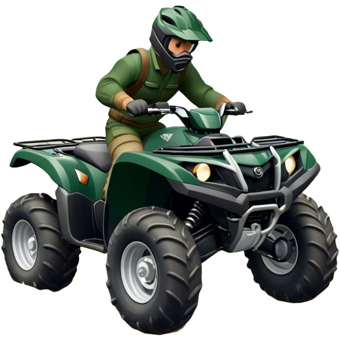 Yamaha Grizzly 700 (2019) – Cinematic-realistic Yamaha Grizzly 700 ATV, its dark green frame tearing through muddy trails. Thick off-road tires grip the rugged terrain emoji