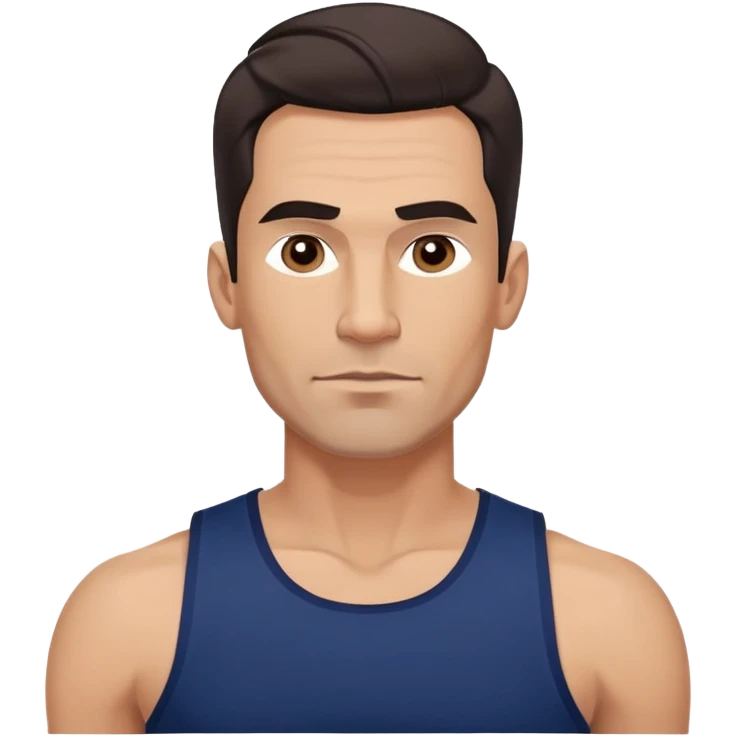 Athletic 40-year-old man with light brown skin, elongated face, strong jawline. Confident expression with medium dark eyes, arched eyebrows. Wavy dark hair in modern cut. Wearing a navy blue tank top showing fit physique. emoji