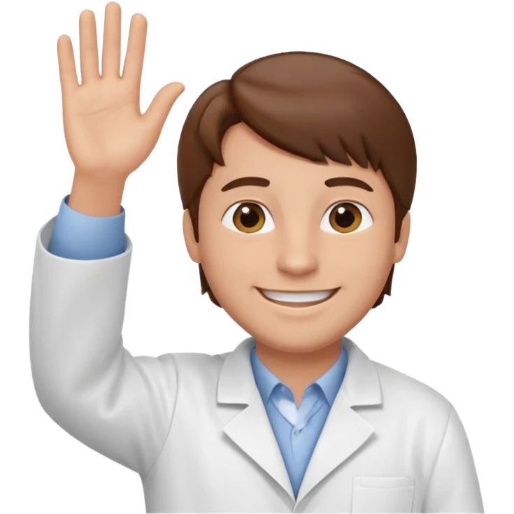 Hombre con bata blanca piel clara y cabello café saludando emoji