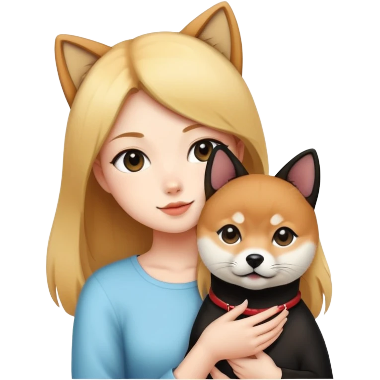 The girl is holding a black cat and a Shiba Inu emoji