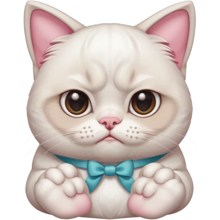 A White grumpy cat with light pink ears and paws and with a bow around its neck emoji