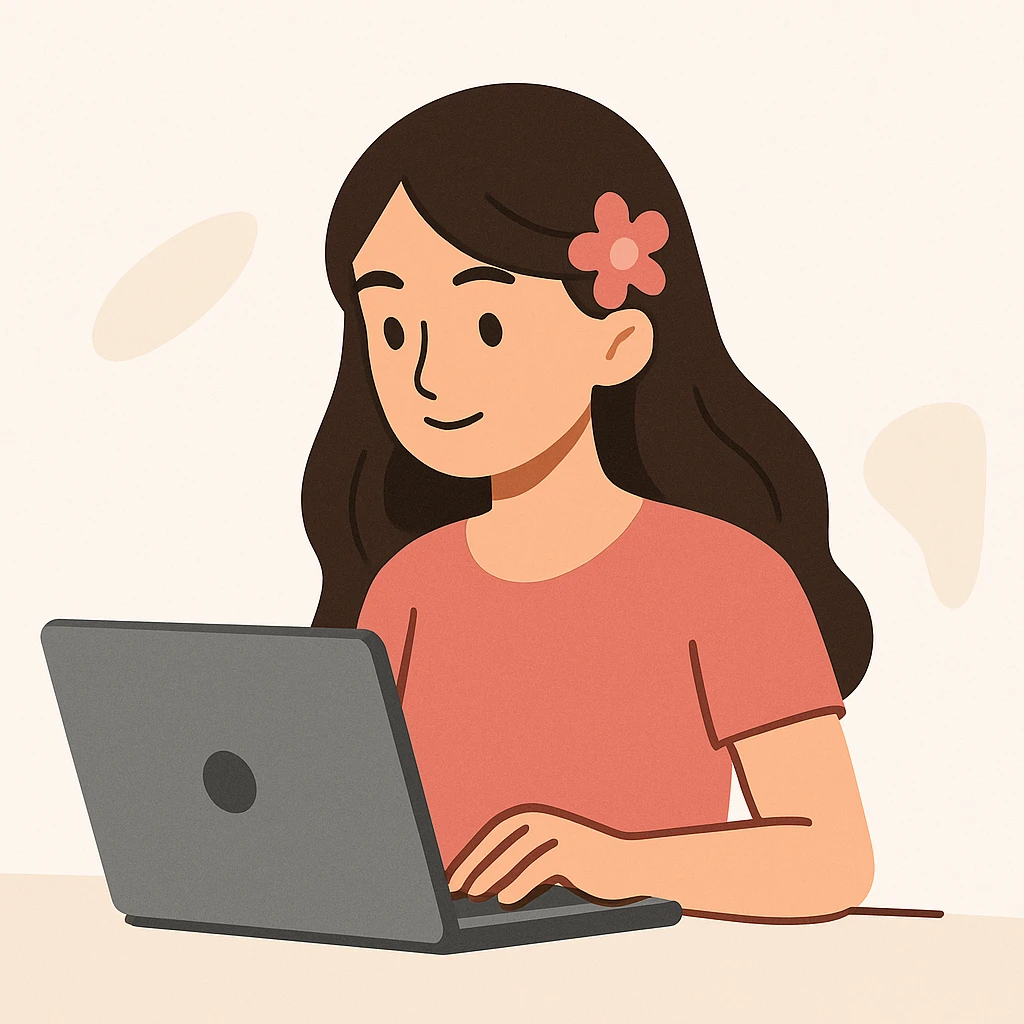 a girl with brunette hair and a pink flower clip in her hair working on a laptop, clean modern illustration style emoji