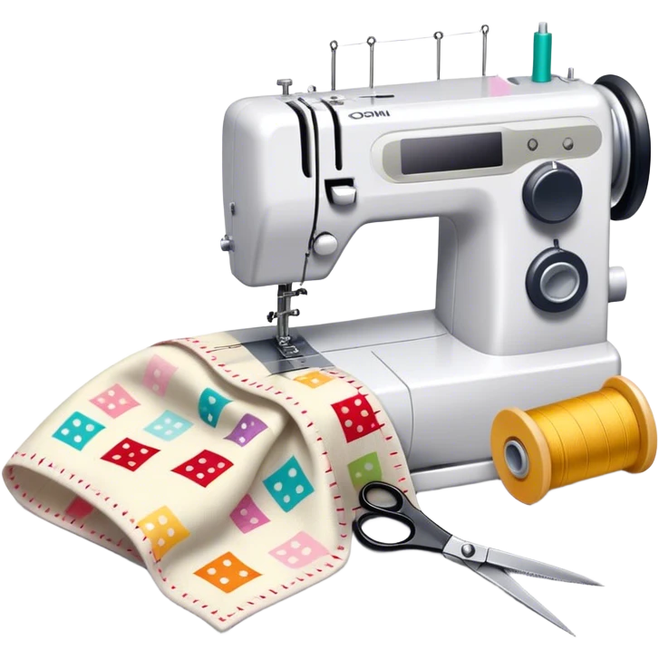 Sewing icon, measuring tape, pins, scissors, and a dress in progress, sewing machine with thread, visible needle, spools of thread, fabric pieces cut according to patterns, minimalistic style, clean lines, transparent background. emoji
