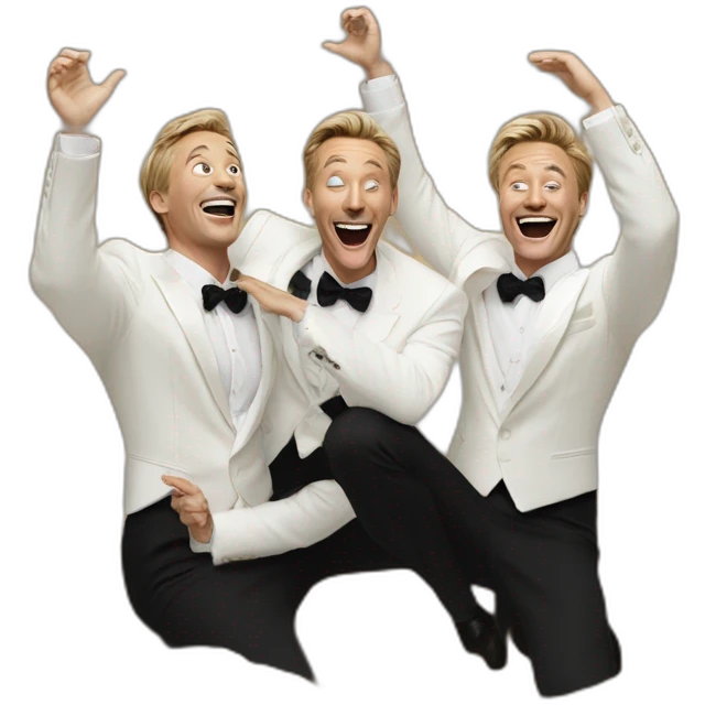 3 white men in tuxedo laughing hysterically with their heads back with their palms raised behind a miniature earth on the ground emoji